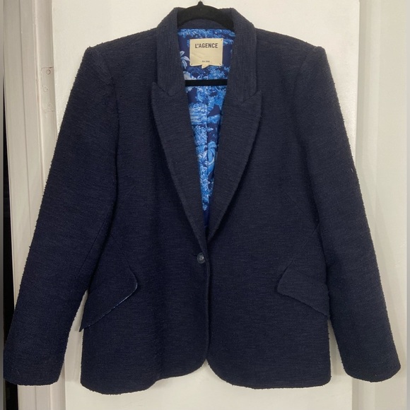 L'AGENCE Chamberlain Boucle Tweed Blazer Jacket Navy Blue Size 14 - Picture 7 of 11